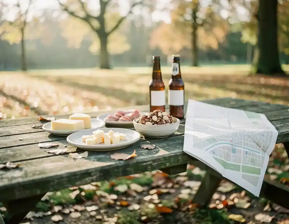 Versleten houten picknicktafel met Hollandse snacks, bruine bierflessen en een gevouwen stadsplattegrond, omringd door herfstbladeren in zacht middagzonlicht.