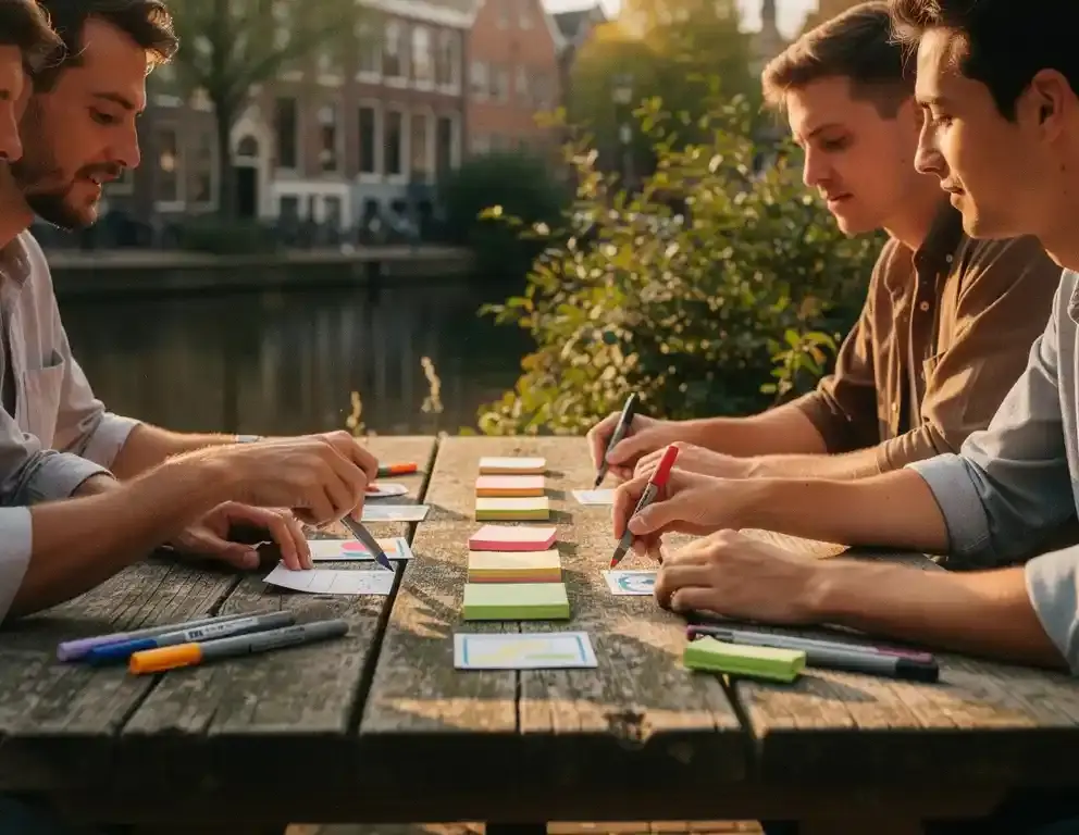 Collega's ordenen kleurrijke taakaarten op een verweerde houten picknicktafel buiten, met een Amsterdams kanaal op de achtergrond.