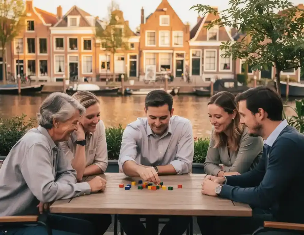 Collega's rond een houten tafel op een Amsterdams terras langs de gracht, spelend met kleurrijke speelstukken in warm middaglicht.