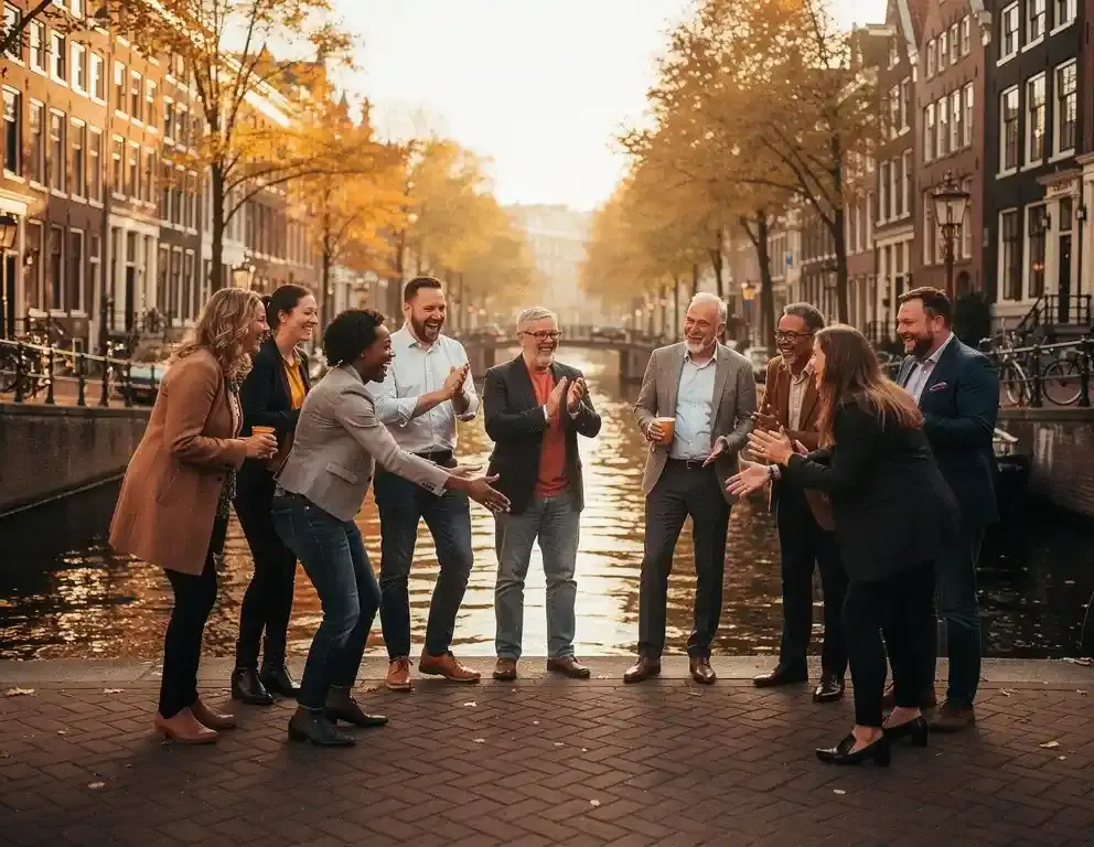 Collega's lachen tijdens een buitenspel op een klinkerstraatje langs een Amsterdamse gracht, omzoomd door herfstbomen in middagzon.