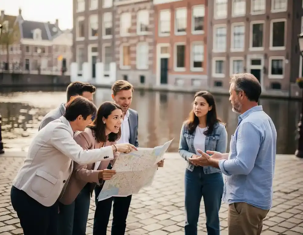 Collega's verdeeld in twee teams op een Amsterdams kanalenplein, één groep bestudeert een papieren routekaart, de ander krijgt uitleg van een gids.
