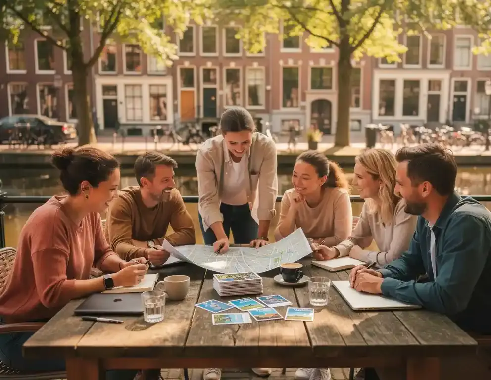 Collega's buigen zich over stadskaart en activiteitenkaarten op terras langs Amsterdams kanaal, koffie en notitieboekjes op houten tafel.