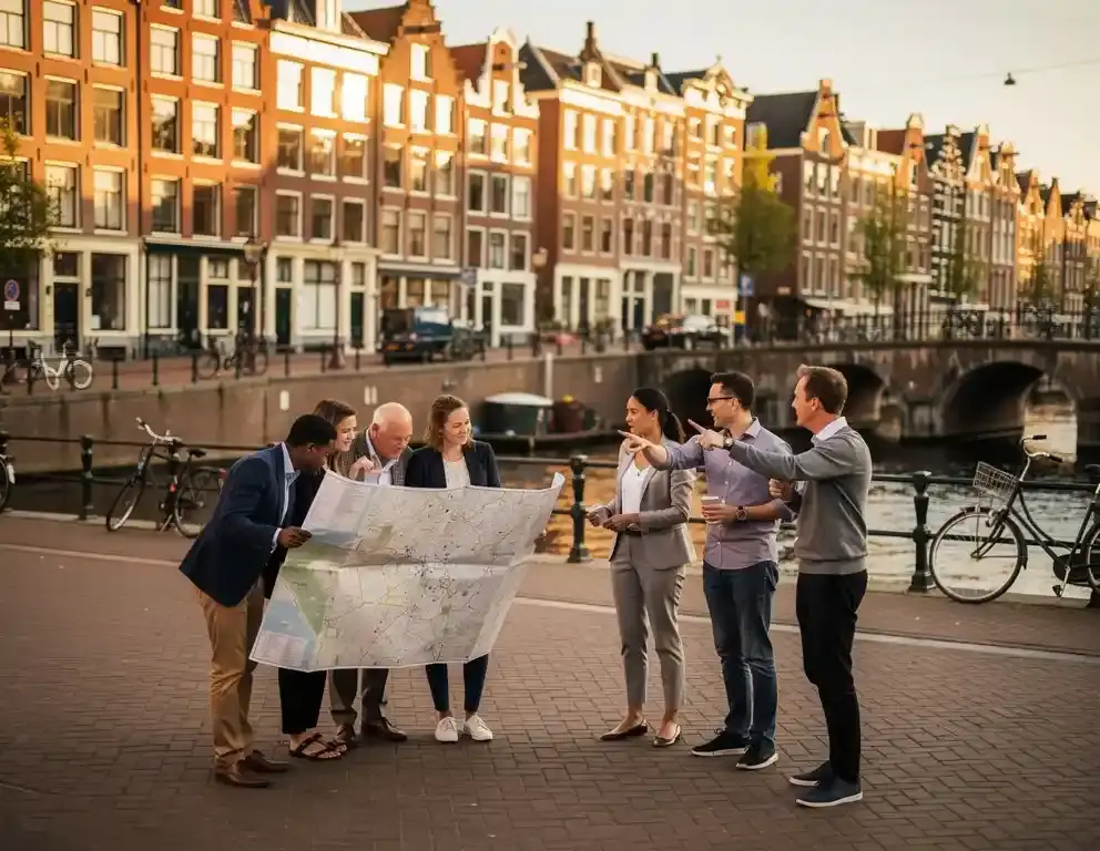 Collega's op een Amsterdams plein bestuderen een routekaart, met historische grachtenbrug en gevels op de achtergrond.