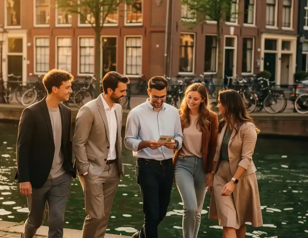 Collega's in smart-casual kleding verkennen een Amsterdams grachtdistrict met een routekaart, historische gevels en fietsen op de achtergrond.