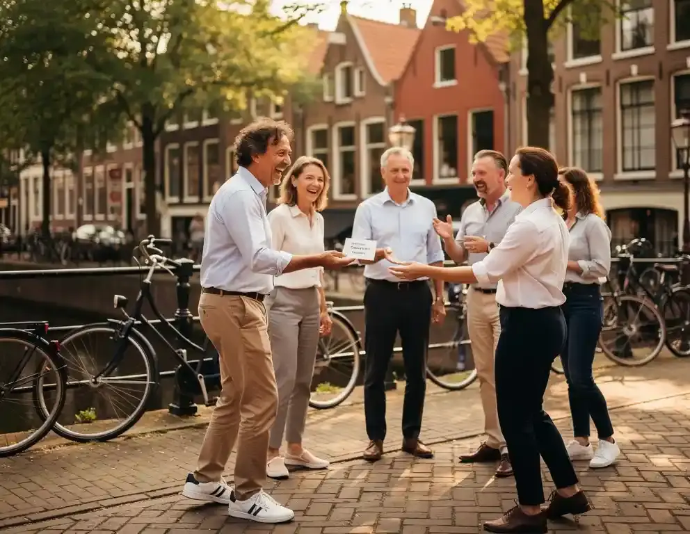 Collega's lachen tijdens een buitenactiviteit op een Amsterdamse gracht, omringd door fietsen en bakstenen gevels in warm middaglicht.