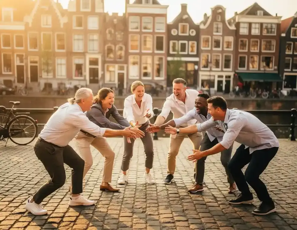 Collega's lachen en spelen tijdens een buitenactiviteit op een Amsterdams plein met kademuren en kasseien op de achtergrond.