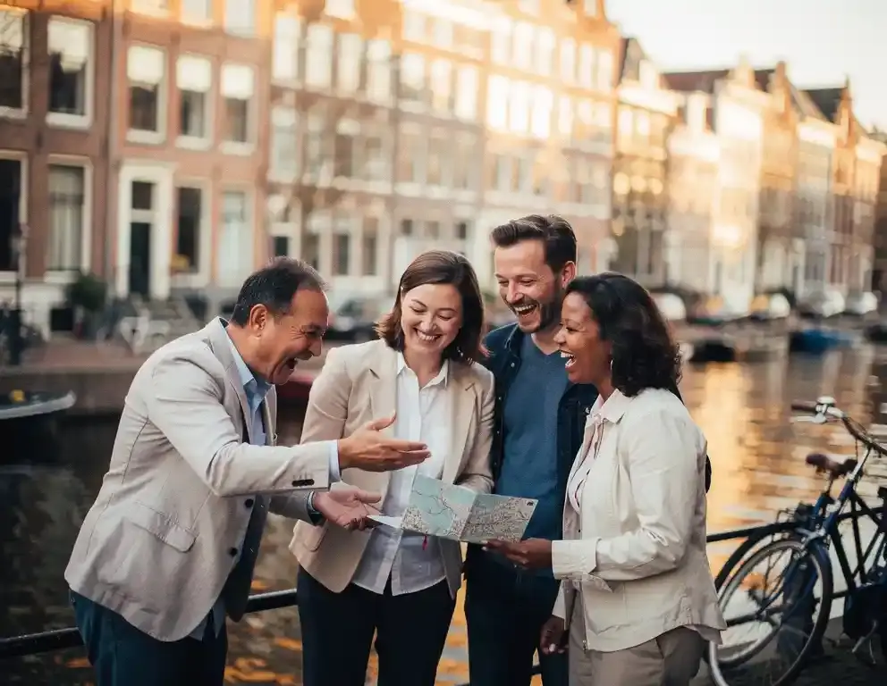 Collega's lachen en samenwerken tijdens een teamuitje langs een Amsterdams gracht, met een aanwijzingskaart in hand.
