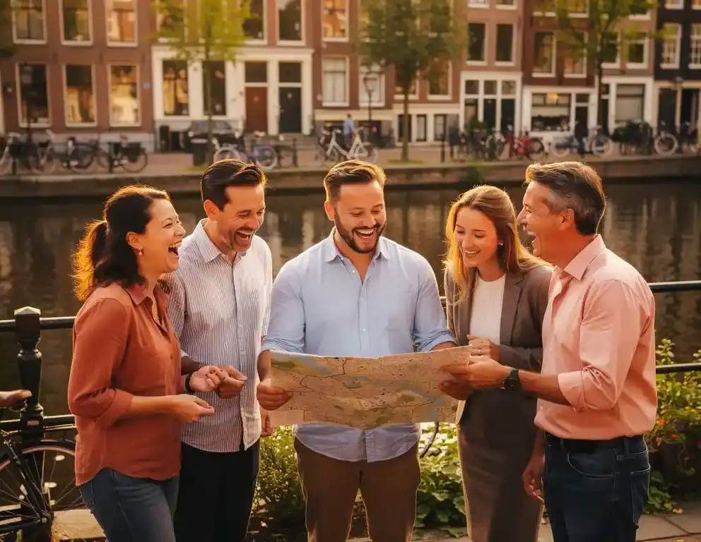 Collega's lachen samen tijdens een buitenactiviteit langs een Amsterdamse gracht, één persoon wijst de weg met een kaart.