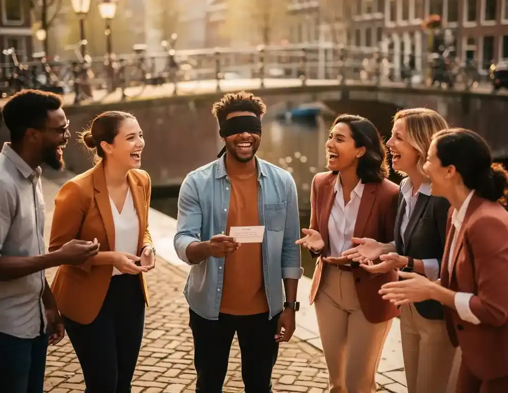 Collega's lachen samen tijdens een buitenactiviteit op een Hollands plein, één persoon geblinddoekt met een aanwijzingskaart.