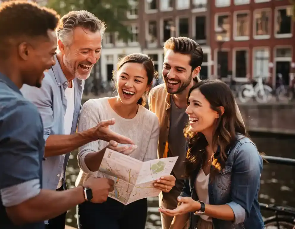 Collega's lachen samen tijdens een teamactiviteit langs een Amsterdamse gracht, één persoon houdt een aanwijzingskaart vast.