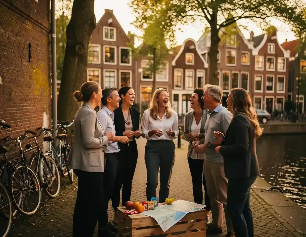 Collega's lachen samen tijdens een buitenactiviteit in een Amsterdams grachtendistrict, fietsen tegen bakstenen muur, houten krat met kaart op kinderkopjes.