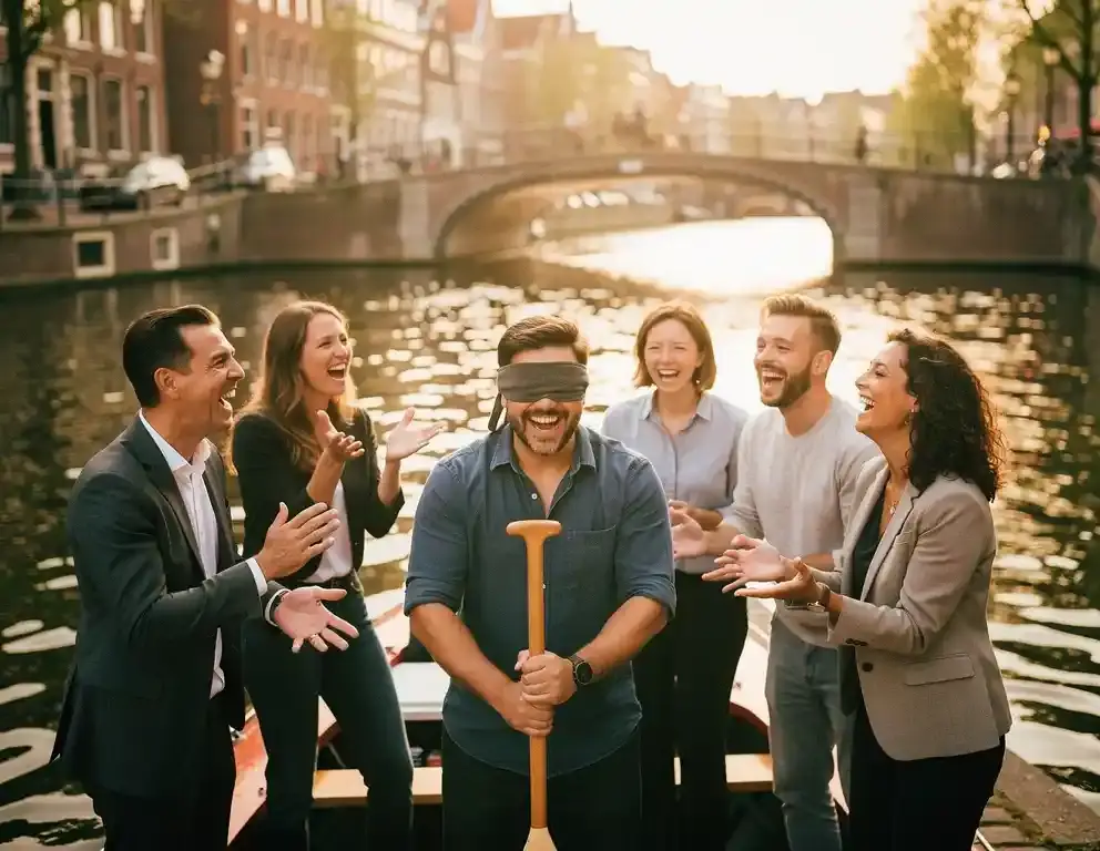 Collega's lachen tijdens een buitenactiviteit op een gracht in Amsterdam, één persoon geblinddoekt met een peddel in de hand.