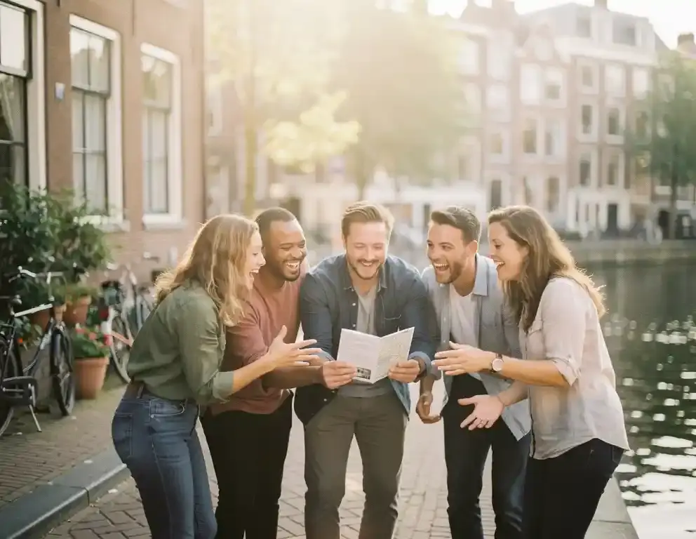Collega's lachen tijdens een buitenactiviteit in een Nederlandsee kanaalwijk, met kasseien en bakstenen gevels op de achtergrond.