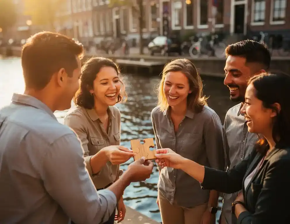 Collega's lachen en werken samen tijdens een buitenactiviteit bij een Amsterdams kanaal, één persoon geeft een houten puzzelstuk door.