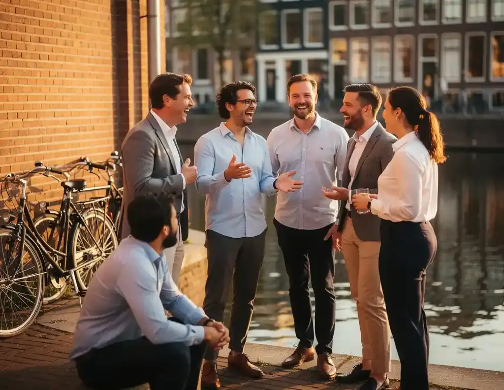 Collega's lachen samen tijdens een buitenactiviteit langs een Amsterdams kanaal, fietsen tegen bakstenen muur in warm middaglicht.