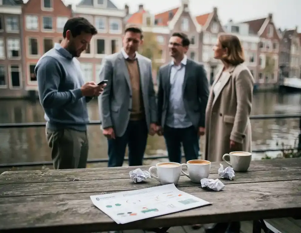Collega's staan ongemakkelijk uit elkaar op een Amsterdams terras langs de gracht, met lege koffiekopjes en een ongebruikt activiteitenblad op tafel.