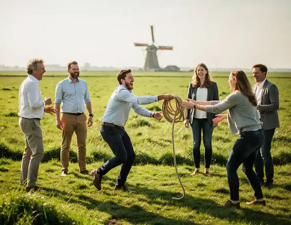 Collega's lachen tijdens een buitenactiviteit op een groen polderlandschap, met een windmolen op de achtergrond.