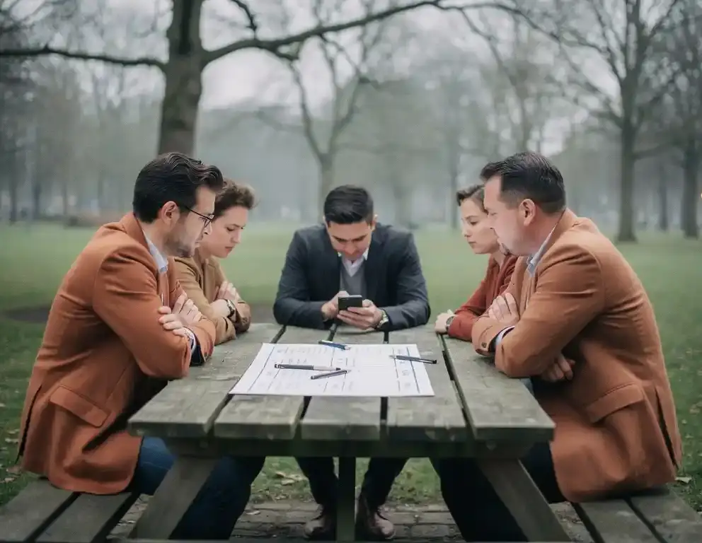Collega's zitten uit elkaar op een picknicktafel buiten, gesloten lichaamstaal, één persoon staart naar zijn telefoon, teambuilding werkblad half ingevuld.