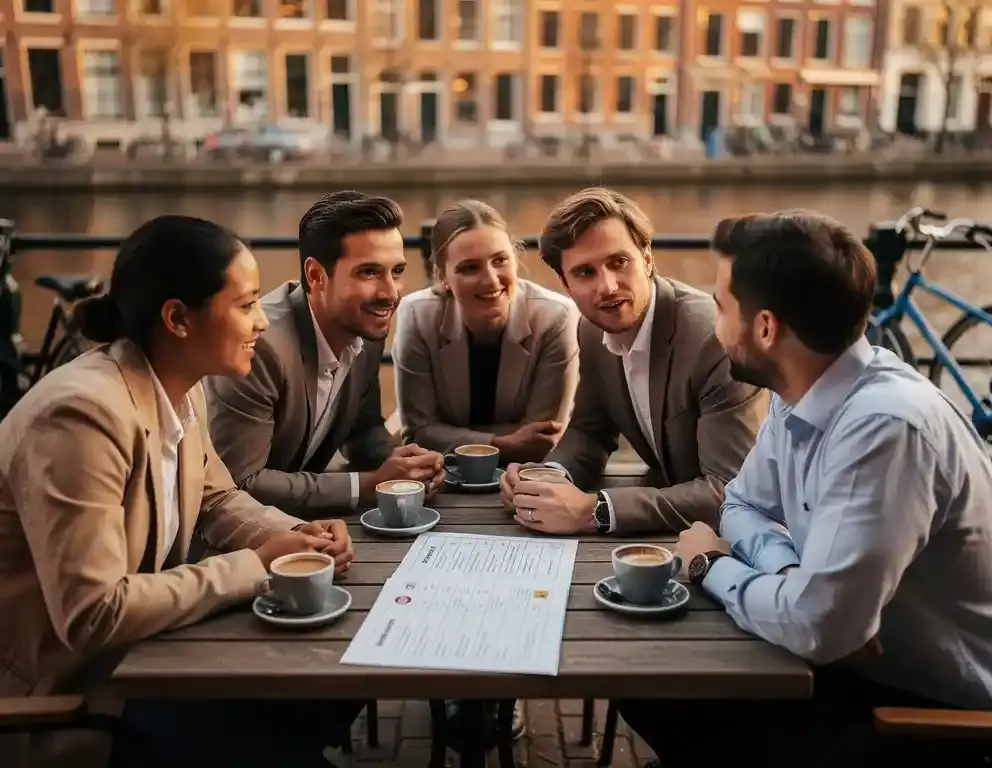 Collega's rond een houten terrastatel aan een Amsterdamse gracht, koffie en activiteitenschema, historische gevels op de achtergrond.