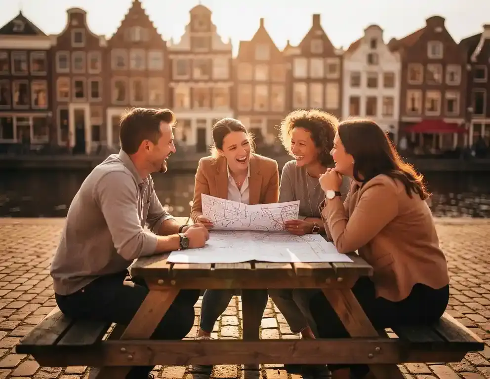Collega's bekijken lachend een handgetekende kaart aan een houten picknicktafel op een Amsterdams plein met kasseien en grachtenpanden.
