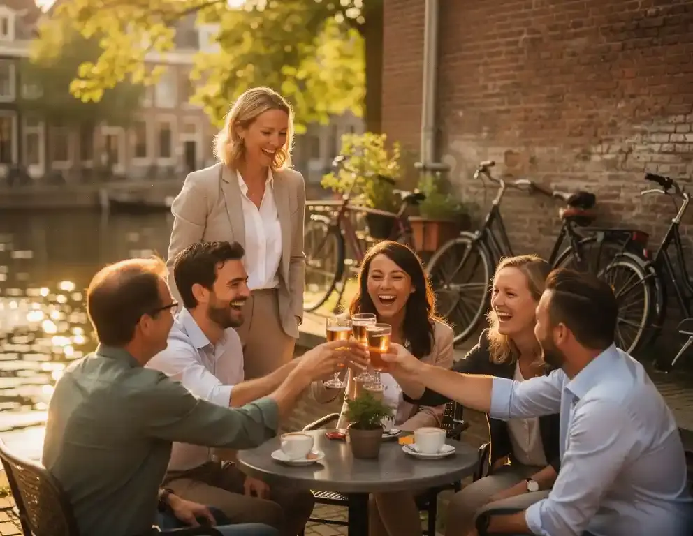 Collega's proosten en lachen op een zonnig Amsterdams terras aan de gracht, met fietsen tegen een bakstenen muur.