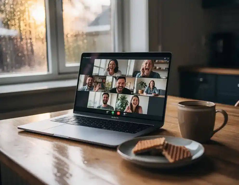 Laptop op houten keukentafel met vrolijke videovergadering, stroopwafel en koffie, zacht Nederlands middaglicht door regendruppels op het raam.