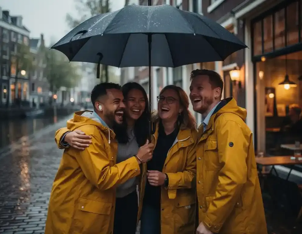 Collega's lachen onder een paraplu bij een Amsterdams grachtkafé, regen op de ruiten, amber licht op natte kinderkopjes.