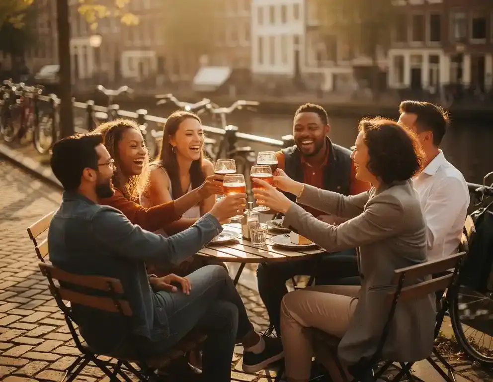 Collega's klinken lachend met glazen op een zonnig Amsterdams terras aan de gracht, houten bistrostoelen op kasseien.