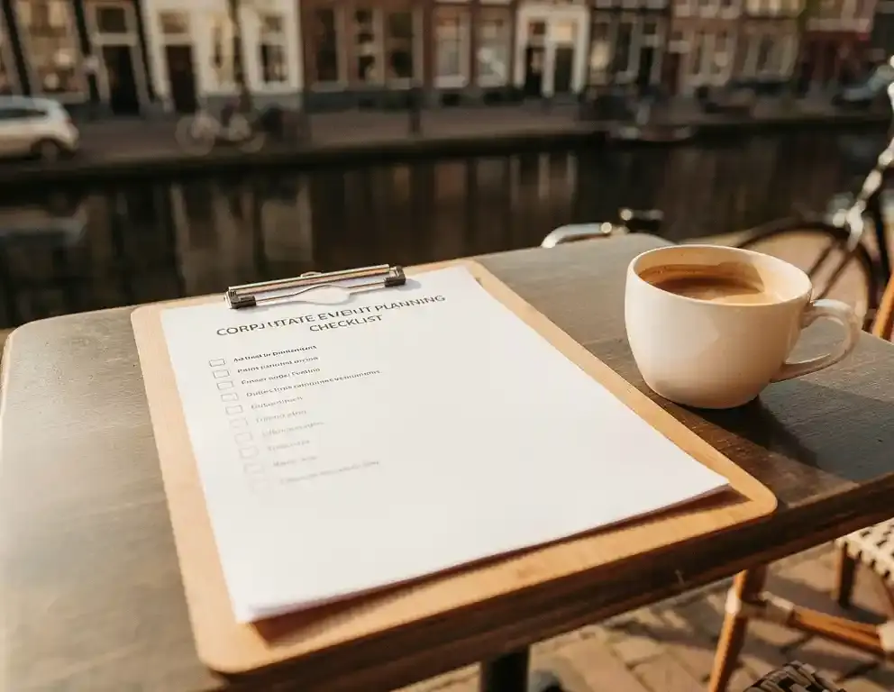 Zakelijke evenementenplanning checklist op houten klembord, naast koffie op terras met Hollandse grachtenhuizen op achtergrond.