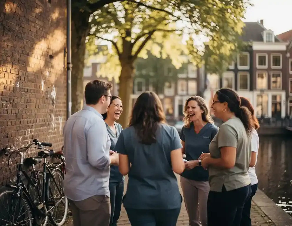 Zorgmedewerkers lachen samen tijdens een buitenactiviteit bij een Amsterdams gracht, fietsen tegen oude bakstenen muur in middagzon.