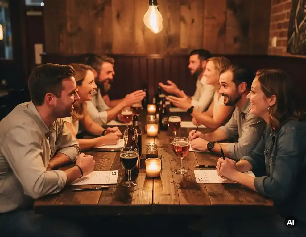 Collega's rond een houten tafel in een bruine kroeg tijdens een pubquiz, met antwoordformulieren en craft bier in kaarslicht.