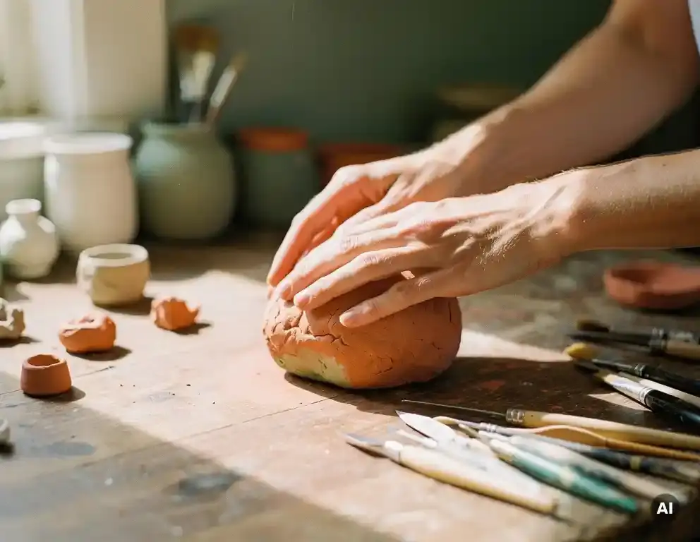 Handen die kleurrijke klei vormen op een houten werktafel in een Nederlands atelier, met penselen en keramiekgereedschap op de achtergrond.