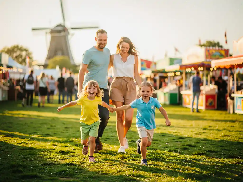 Gezin met twee kinderen op een zonnig Nederlands buitenfestival, lachende kids trekken ouders mee naar kleurrijke kraampjes, molen op achtergrond.