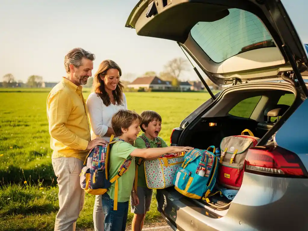 Familie laadt kleurrijke picknicktas en kinderrugzakken in kofferbak op zonnige ochtend in Nederlandse polderlandschap.
